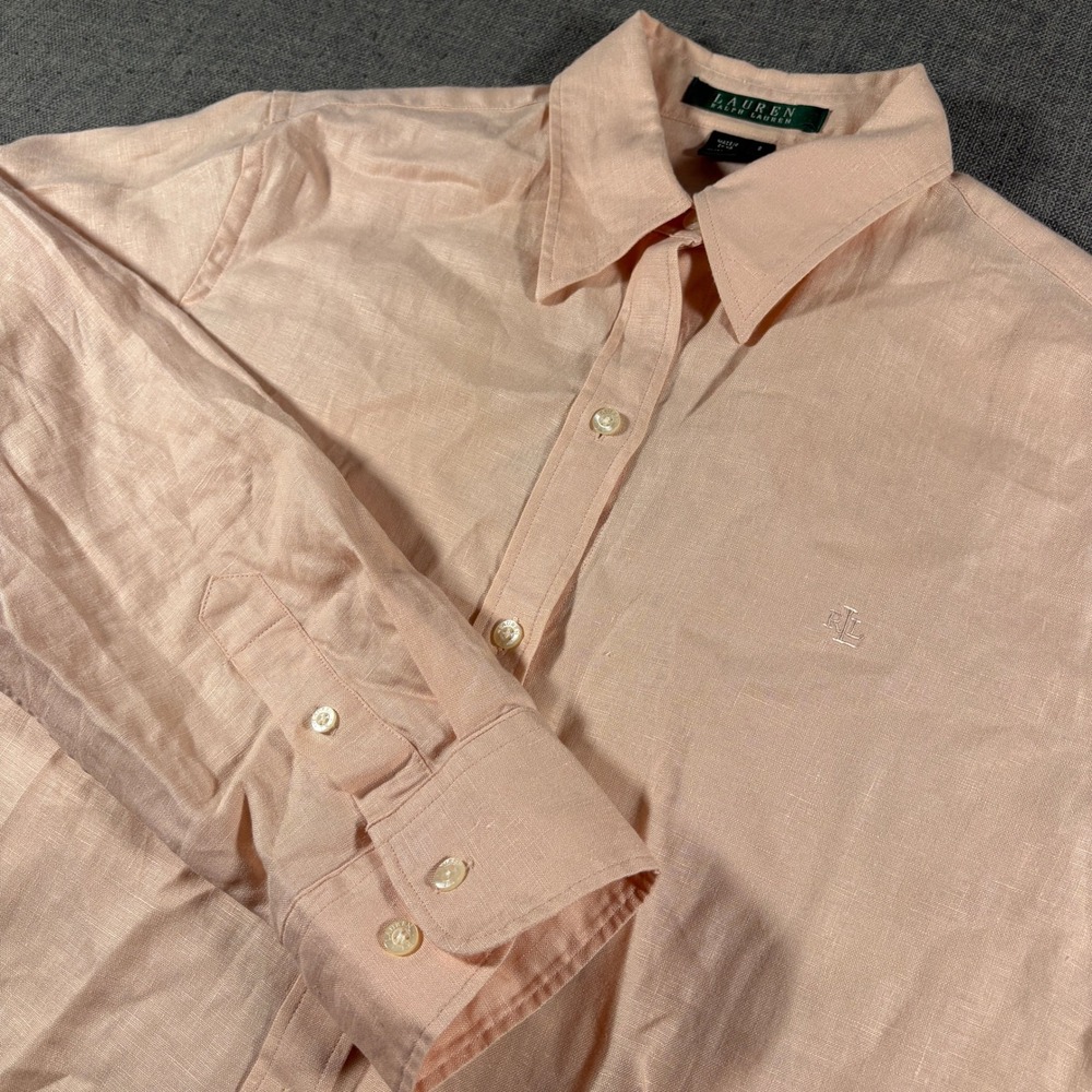 Lauren Ralph Lauren Button Down Women S Peach 100% Linen Long Sleeve Monogram